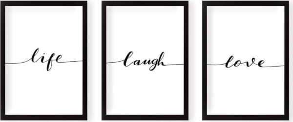 Sada 3 nástěnných obrazů Tablo Center Life Laugh Love. Nejlepší citáty o lásce